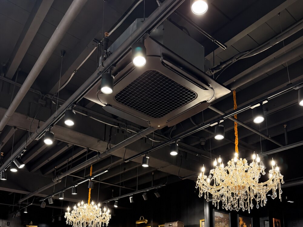 Open plafond klimaatinstallatie in retail kledingwinkel